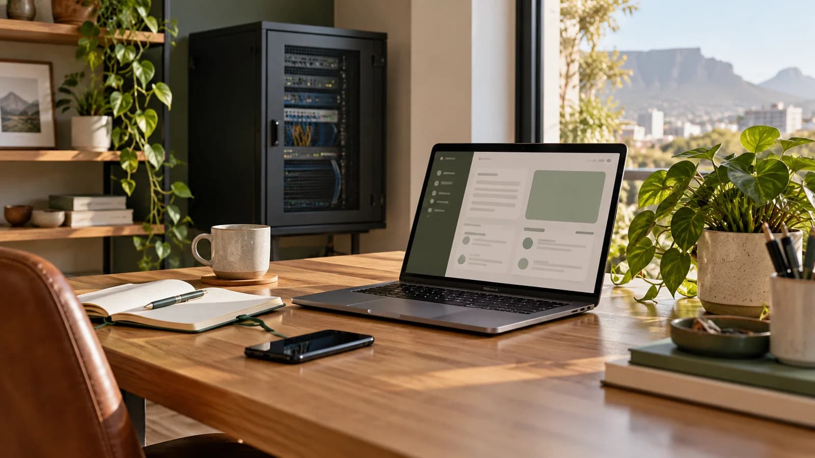Editorial illustration of an organised small-business desk, a laptop and a network cabinet in soft daylight.