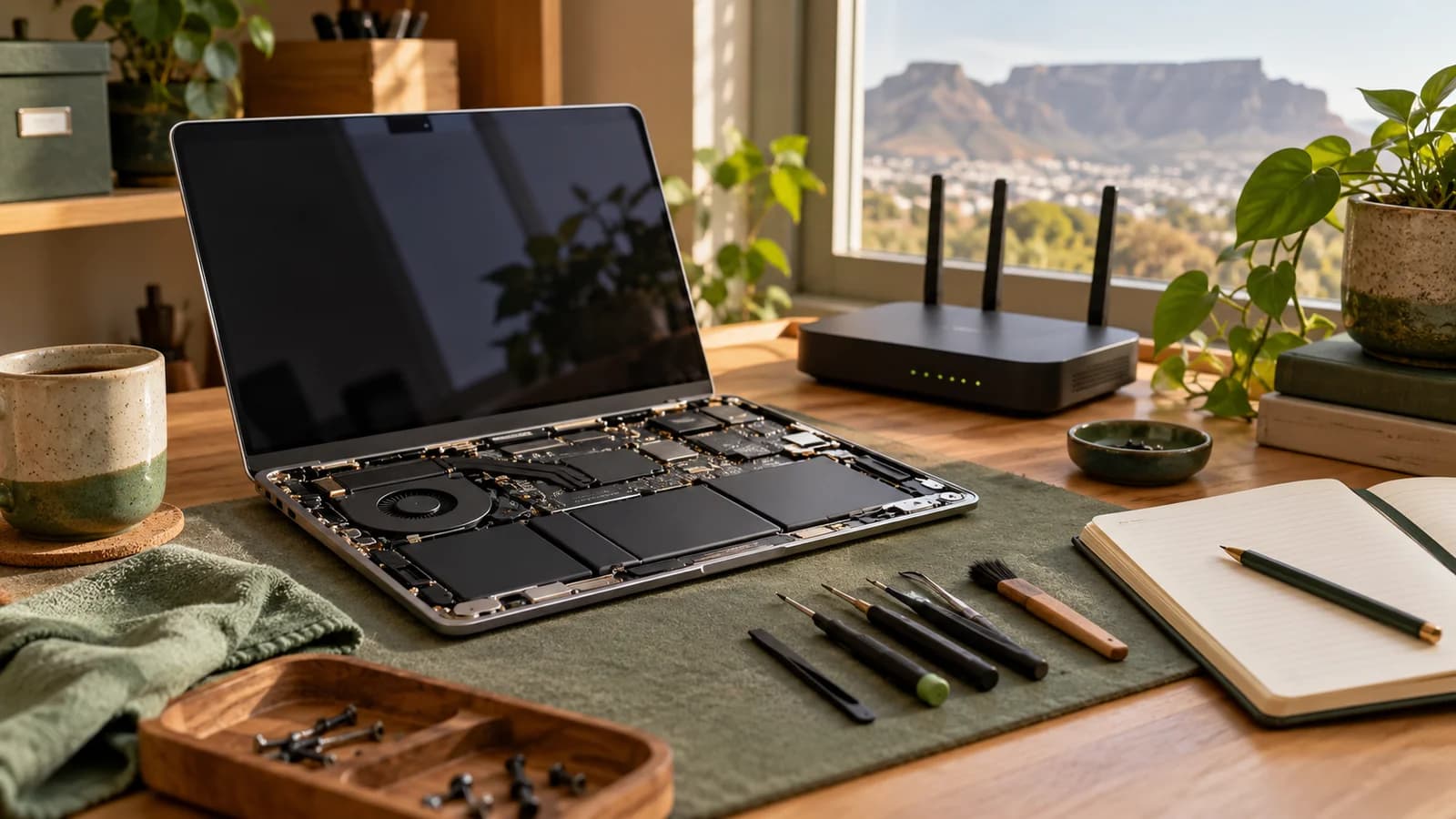 Editorial illustration of a laptop, router and precision tools arranged on a careful repair workbench.