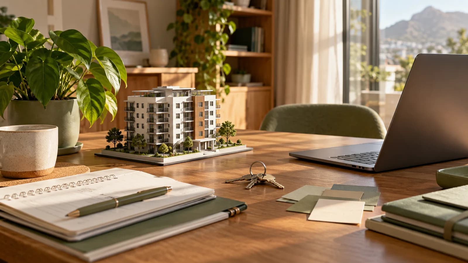 Editorial illustration of a model apartment building, keys, a document folder and a laptop on a property-planning desk.