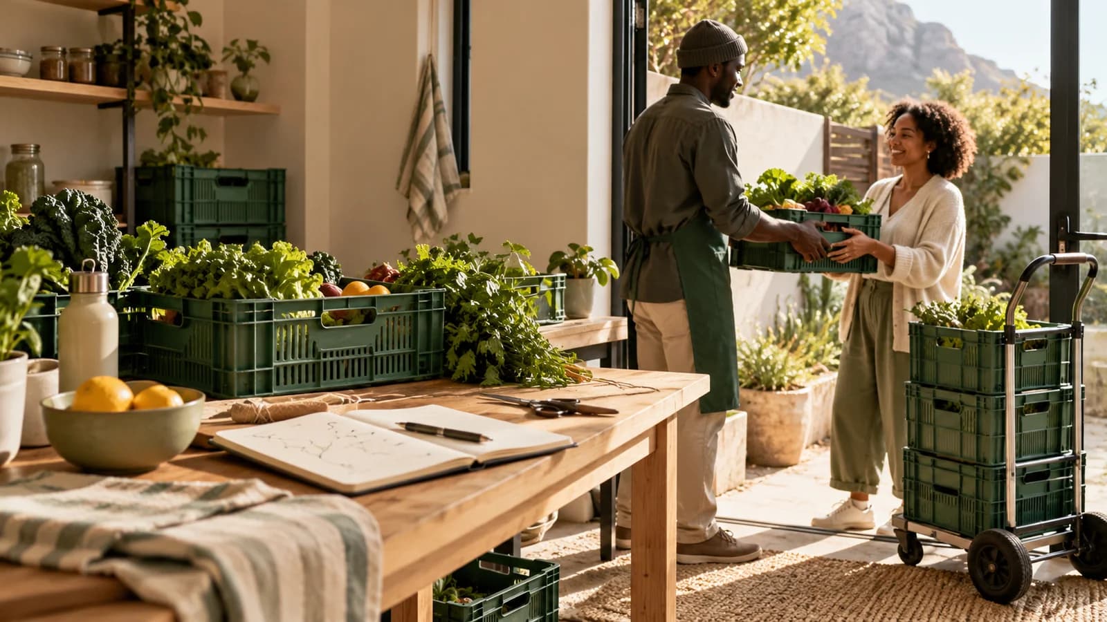 Generated illustration of two people handing over a produce crate beside a packing table, route notebook and trolley.