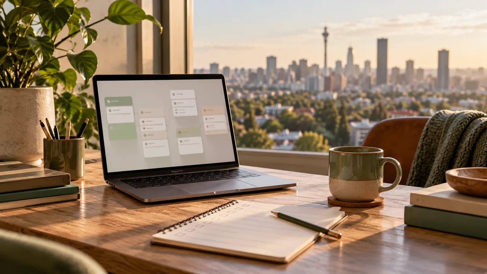 Editorial illustration of a founder's desk with an abstract workflow on a laptop, a paper checklist and a pencil.