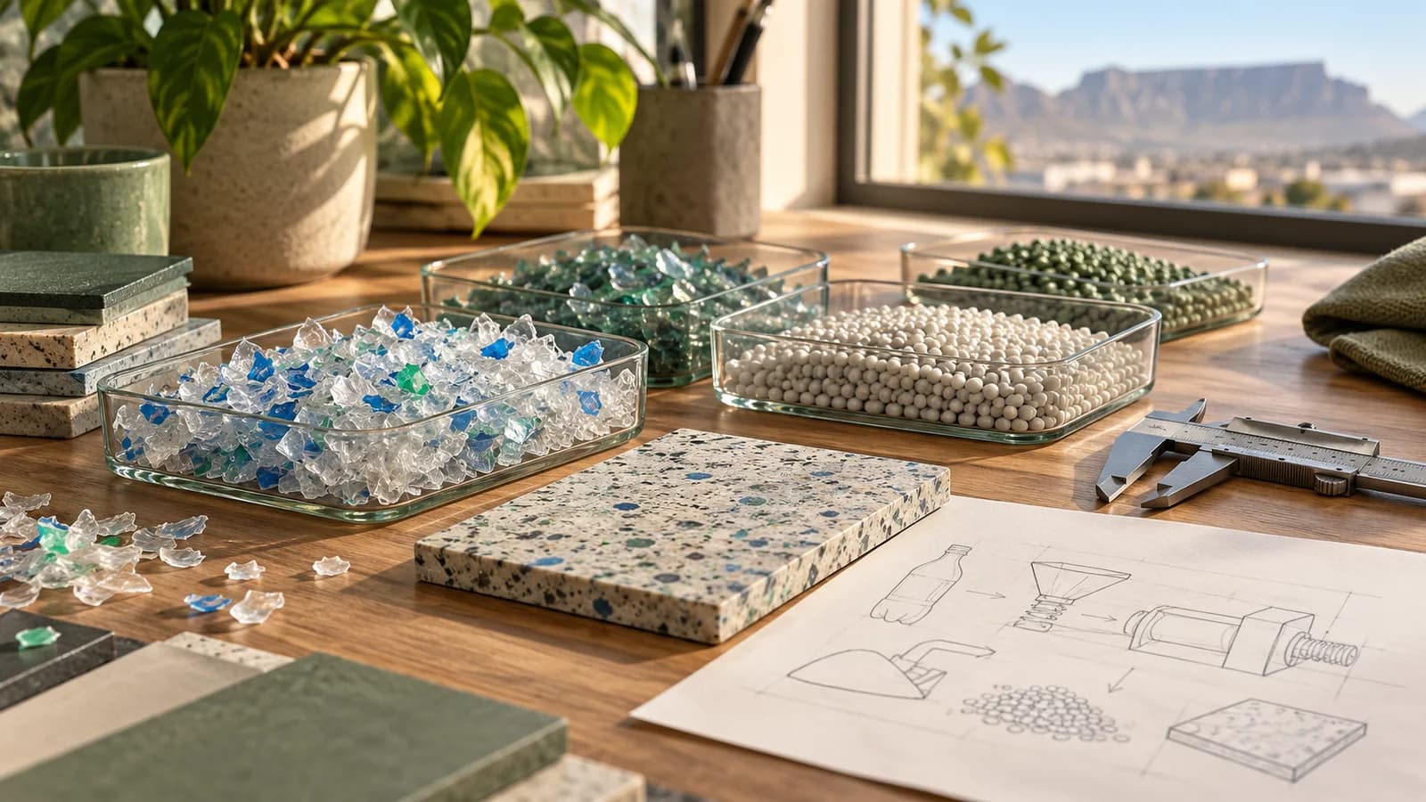 Editorial illustration of sorted plastic flakes, pellets, a recycled material sample and measuring tools on a pilot-planning table.