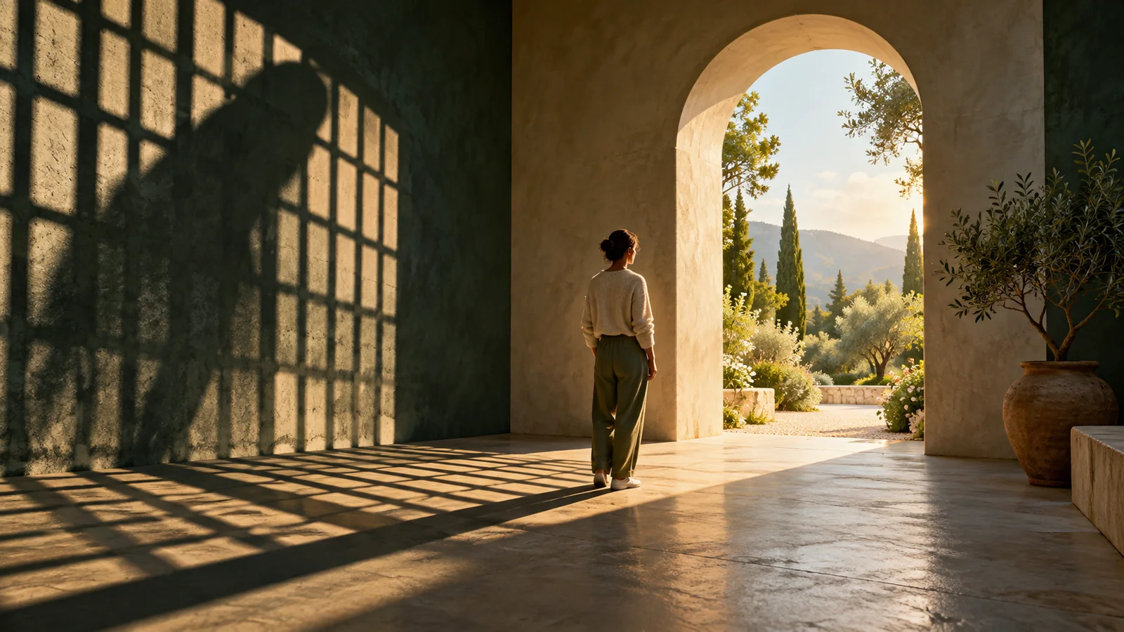 A woman pauses by an open sunlit archway while a window lattice casts long shadows across the room.