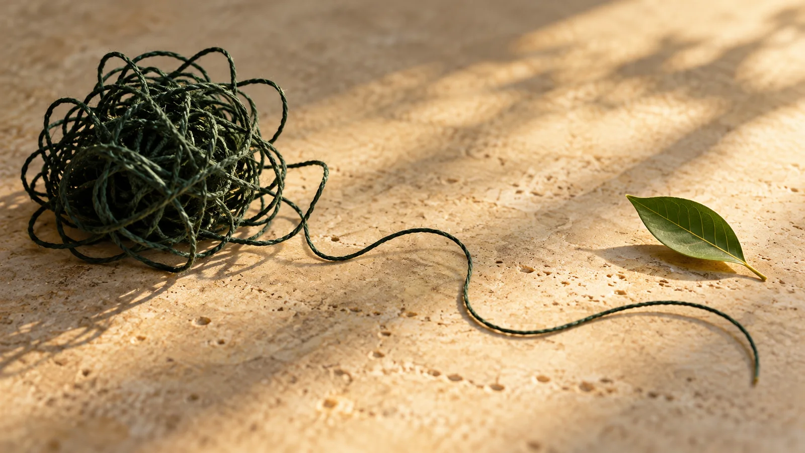 A tangled dark green thread loosens into an open curve on a warm stone surface beside a leaf.