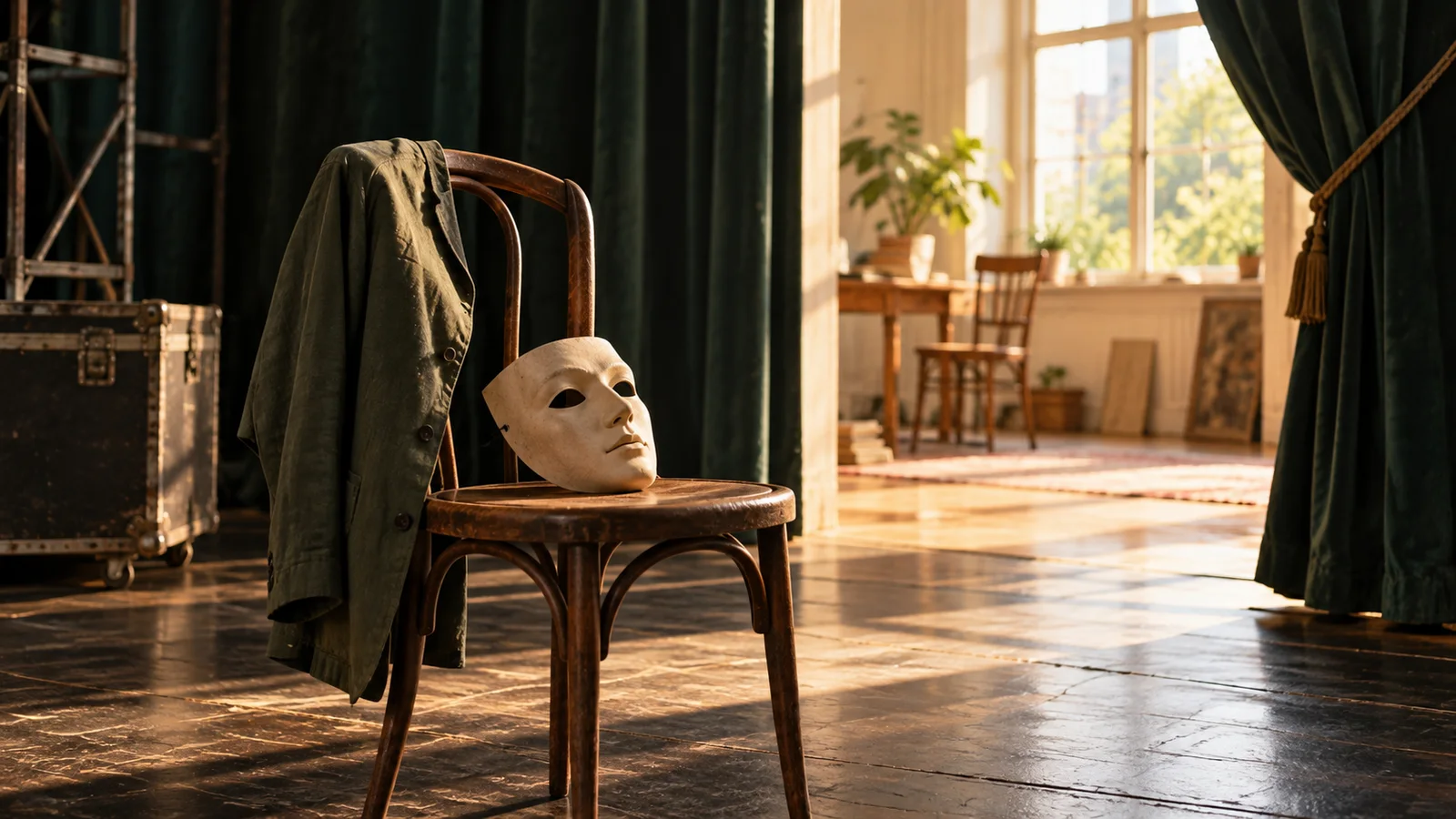 A plain theatrical mask rests on a wooden chair beneath a jacket, beside an open curtain and a sunlit room.