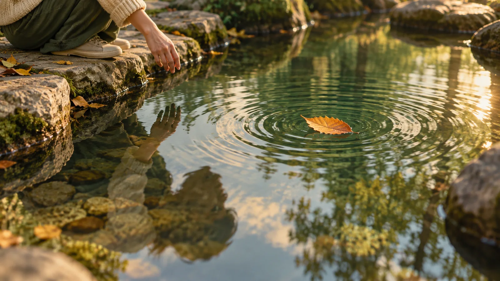 A person crouches by a reflecting pool where a floating leaf creates gentle ripples through their reflection.