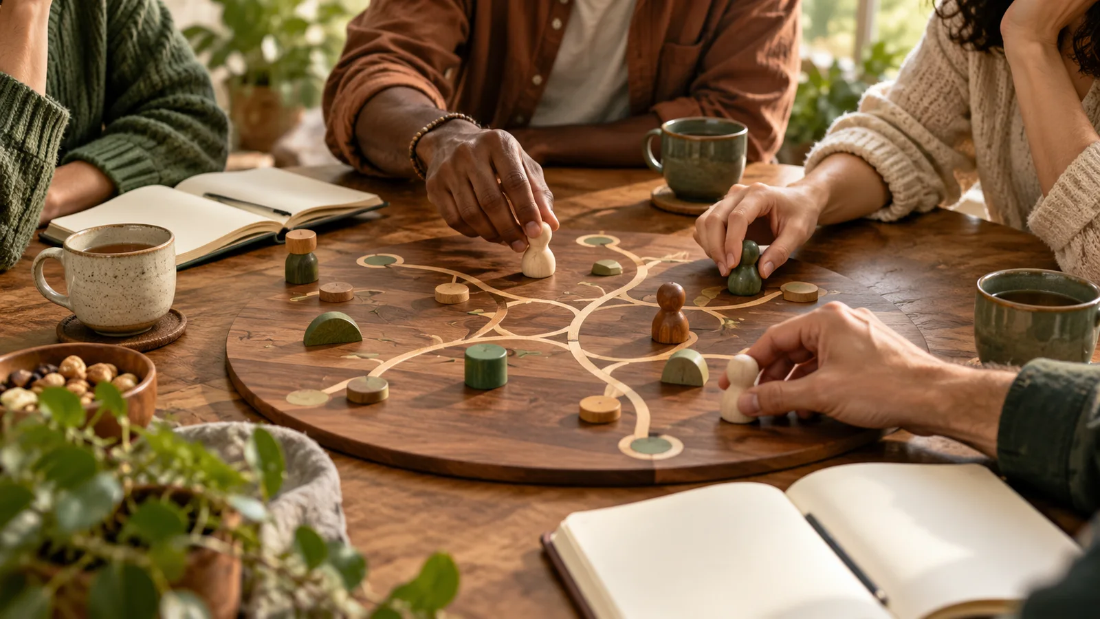 Several people arrange simple wooden pieces around a shared tabletop game beside cups and open notebooks.